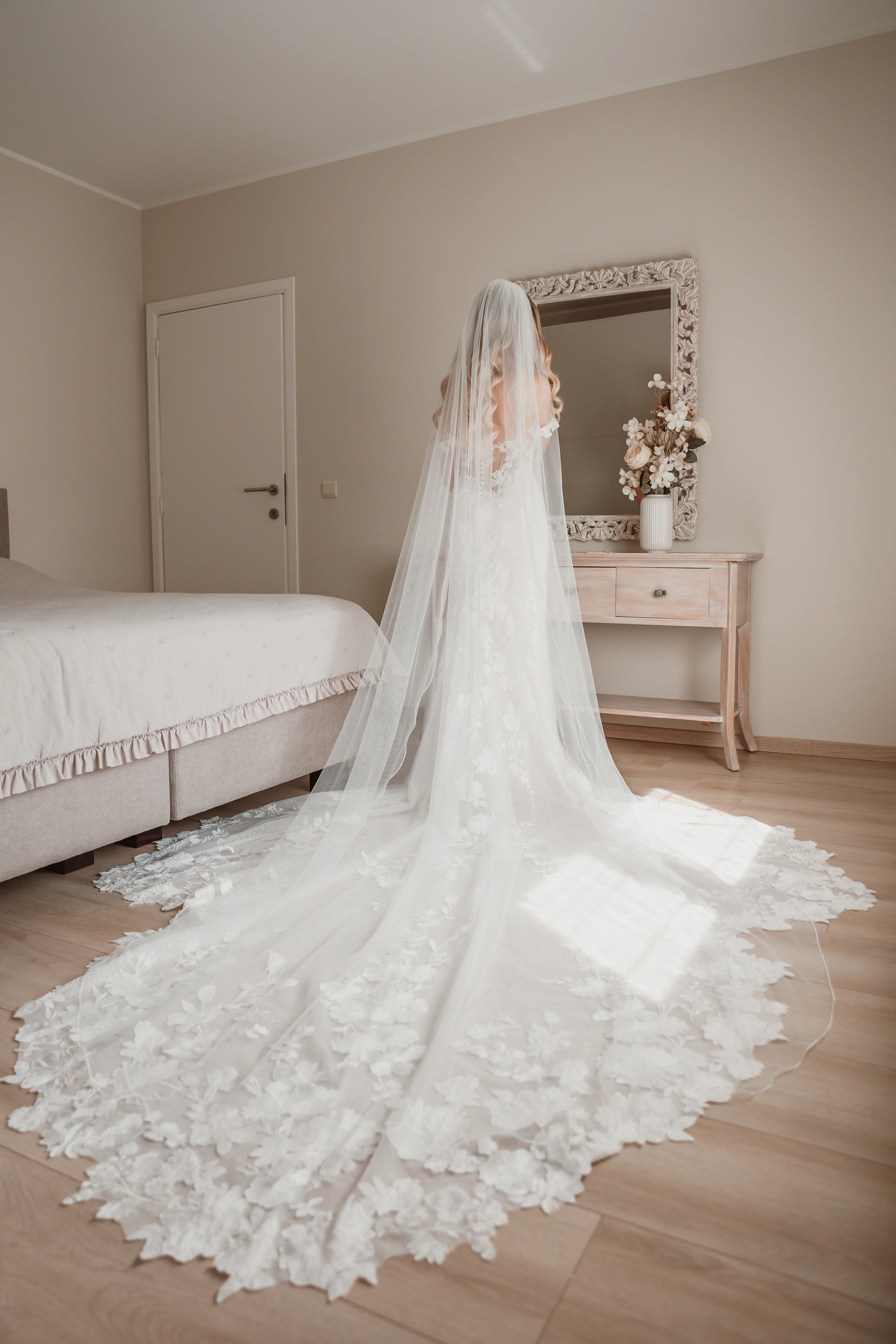 Wedding portrait with veil movement